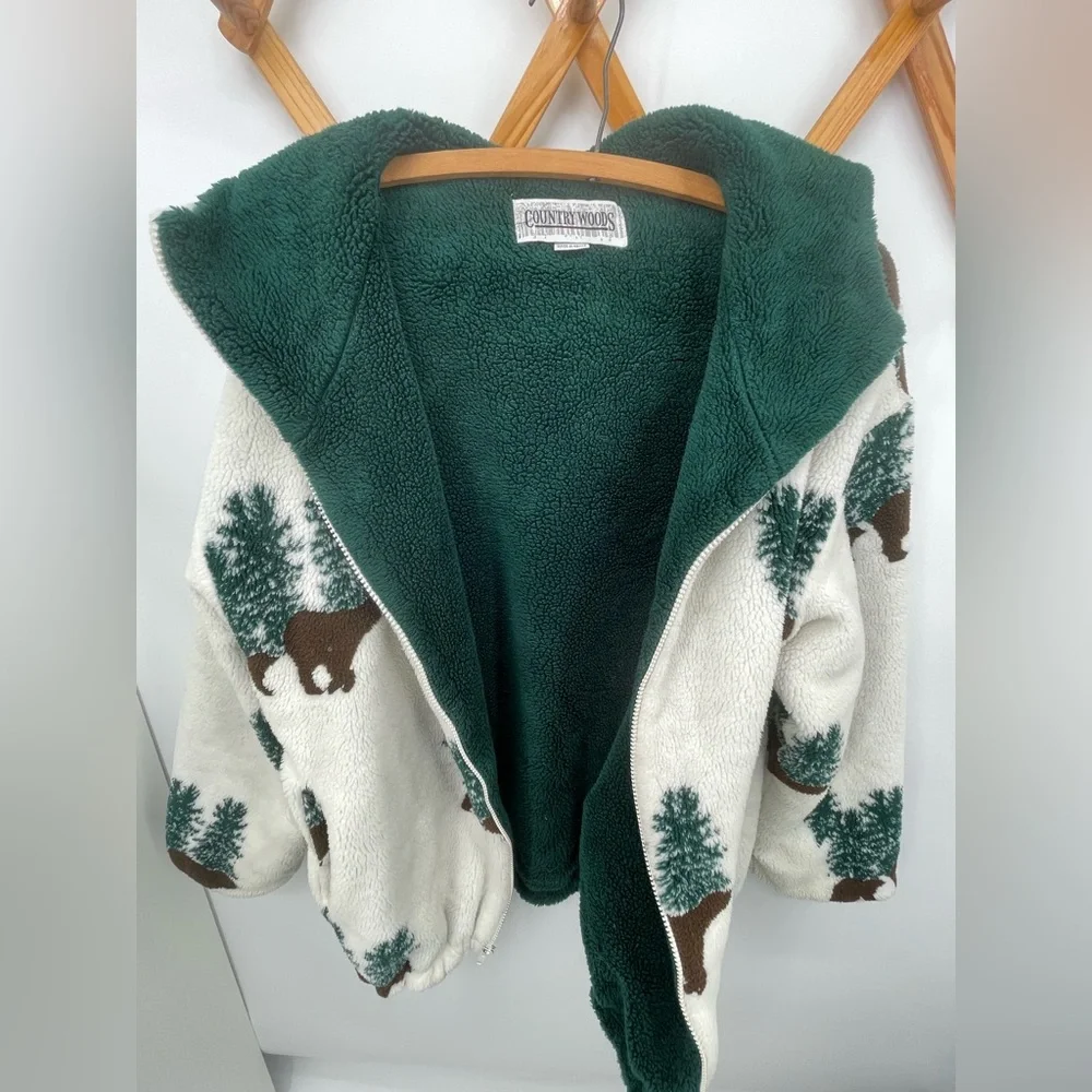 ⭐️Vintage Country Woods Forest Print Cream Fleece Zip-Up Hoodie